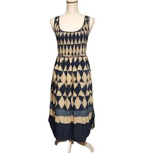Maeve Anthropologie Castalia Midi Dress Sleeveless Smocked Blue Geometric Size 6